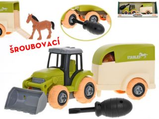 Obrázek z Traktor 26cm šroubovací volný chod s přívěsem a koněm v krabičce 